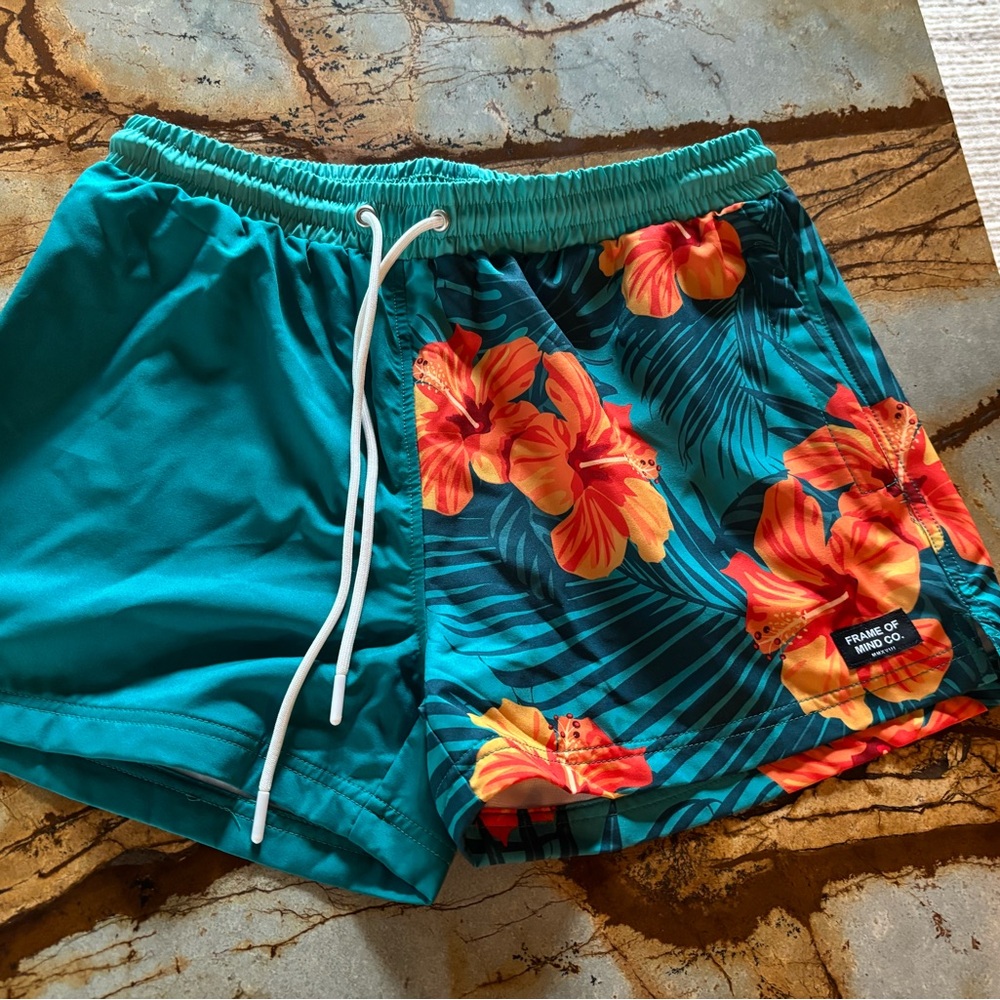 Floral Athletic Shorts - Teal and Orange